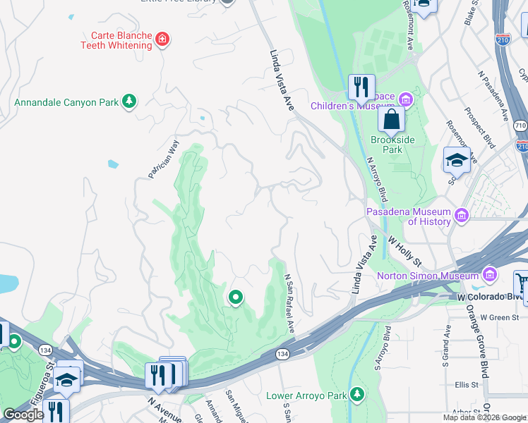 map of restaurants, bars, coffee shops, grocery stores, and more near 410 Manford Way in Pasadena