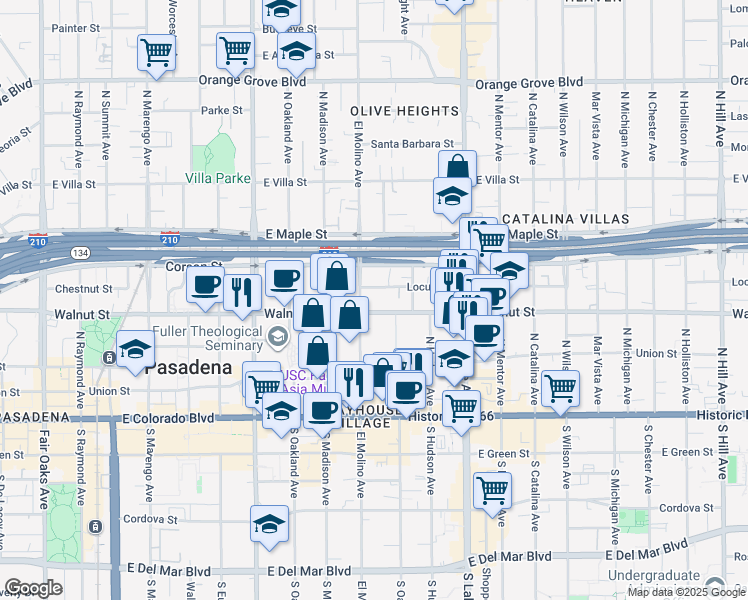 map of restaurants, bars, coffee shops, grocery stores, and more near 244 North El Molino Avenue in Pasadena