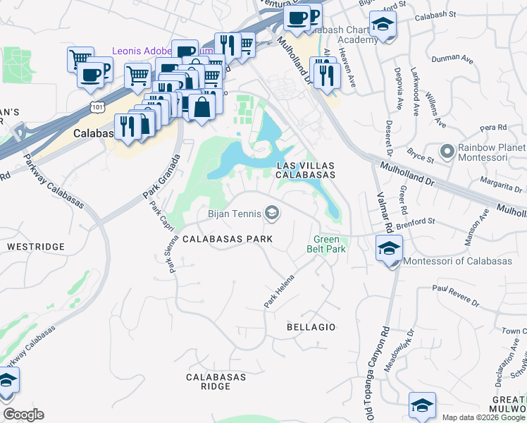 map of restaurants, bars, coffee shops, grocery stores, and more near 4352 Park Corona in Calabasas