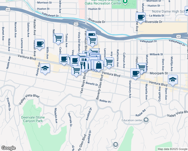 map of restaurants, bars, coffee shops, grocery stores, and more near 14439 1/2 Dickens Street in Los Angeles