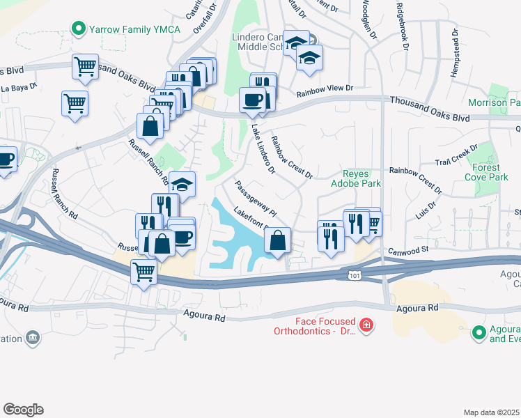 map of restaurants, bars, coffee shops, grocery stores, and more near 30670 Passageway Place in Agoura Hills