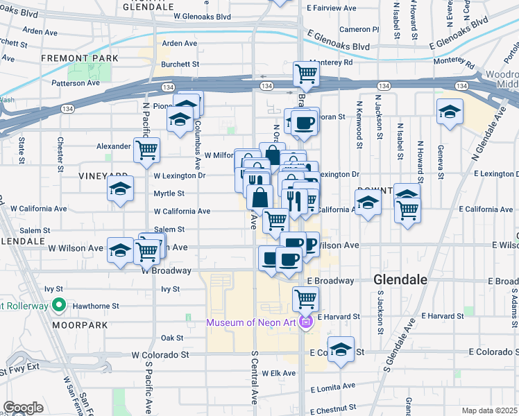 map of restaurants, bars, coffee shops, grocery stores, and more near 300 North Central Avenue in Glendale