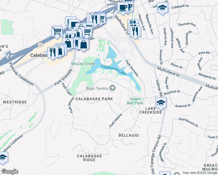 map of restaurants, bars, coffee shops, grocery stores, and more near 4352 Park Corona in Calabasas