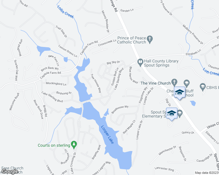 map of restaurants, bars, coffee shops, grocery stores, and more near 6942 Golden Bud Lane in Flowery Branch