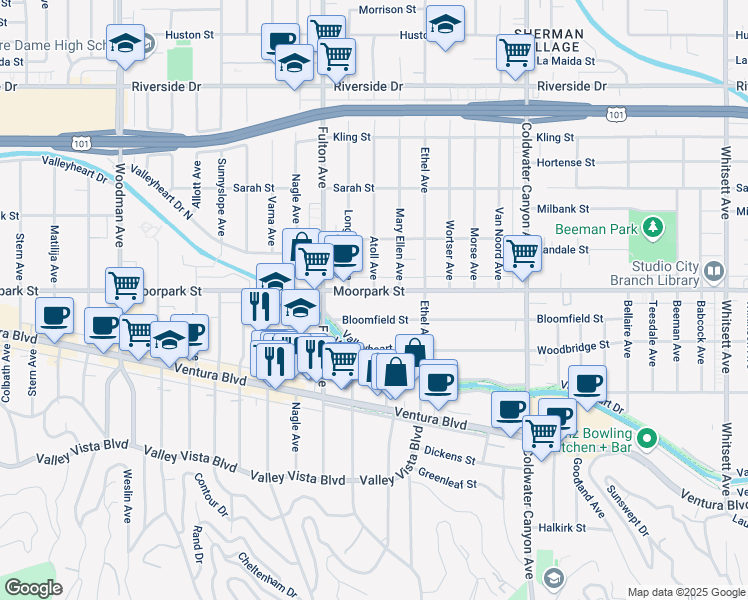 map of restaurants, bars, coffee shops, grocery stores, and more near 13200 Moorpark Street in Los Angeles