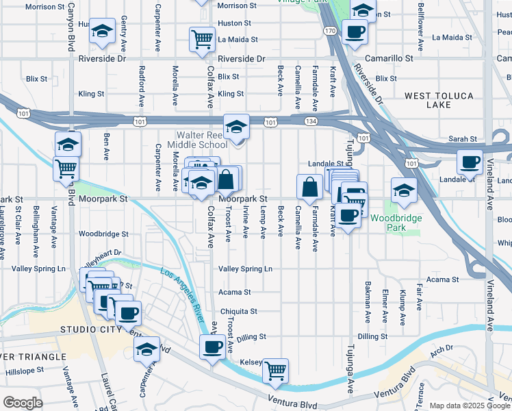 map of restaurants, bars, coffee shops, grocery stores, and more near 11582 Moorpark Street in Los Angeles
