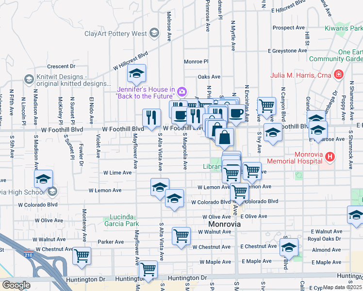 map of restaurants, bars, coffee shops, grocery stores, and more near in Monrovia