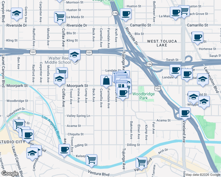 map of restaurants, bars, coffee shops, grocery stores, and more near 4394 Farmdale Avenue in Los Angeles