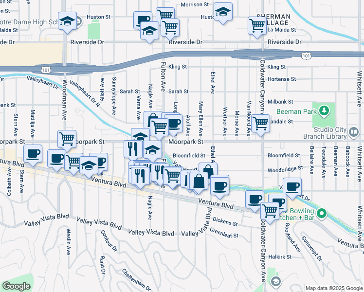 map of restaurants, bars, coffee shops, grocery stores, and more near 13214 Moorpark Street in Los Angeles