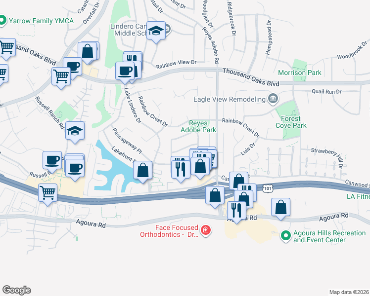 map of restaurants, bars, coffee shops, grocery stores, and more near 30325 Eaglebrook Drive in Agoura Hills