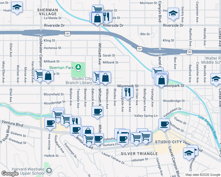 map of restaurants, bars, coffee shops, grocery stores, and more near 12416 Moorpark Street in Los Angeles