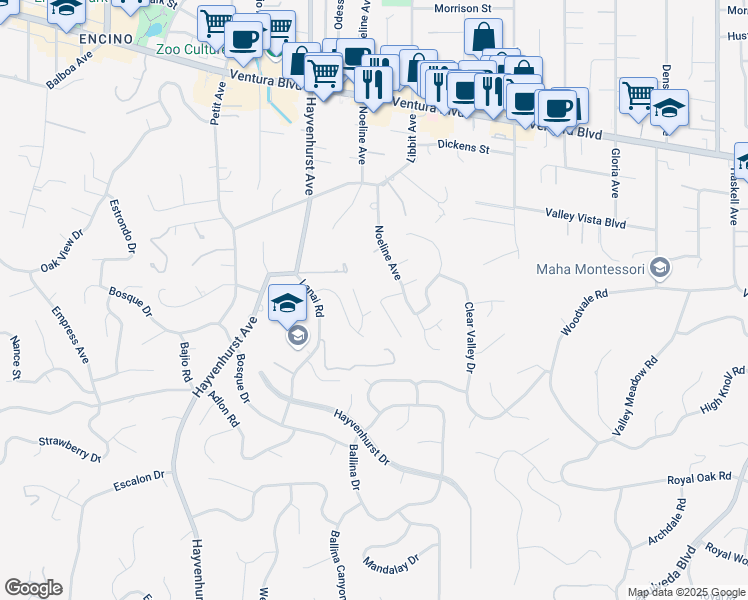 map of restaurants, bars, coffee shops, grocery stores, and more near 16313 Celinda Place in Los Angeles