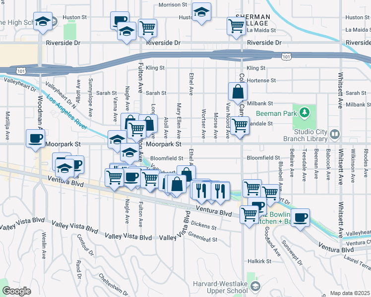 map of restaurants, bars, coffee shops, grocery stores, and more near 13112 Moorpark Street in Los Angeles