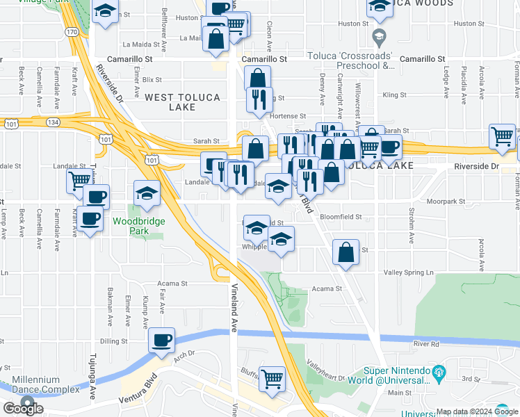 map of restaurants, bars, coffee shops, grocery stores, and more near 10920 Moorpark Street in Los Angeles