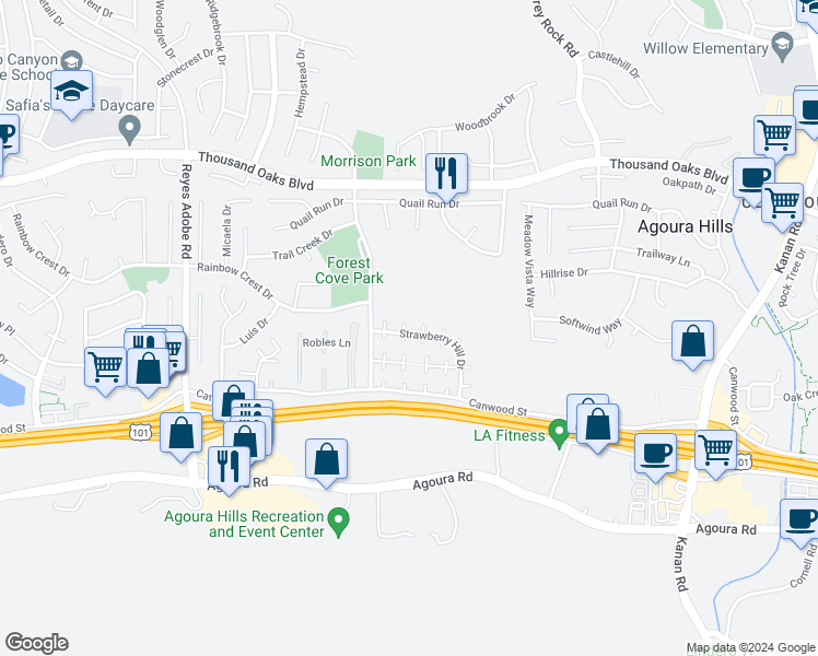 map of restaurants, bars, coffee shops, grocery stores, and more near 29723 Strawberry Hill Drive in Agoura Hills