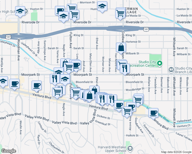 map of restaurants, bars, coffee shops, grocery stores, and more near 4375 Ethel Avenue in Los Angeles