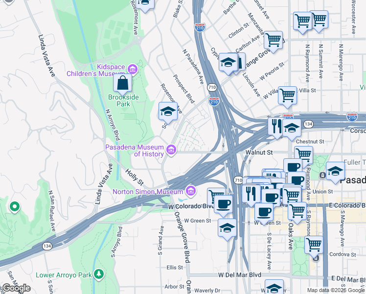 map of restaurants, bars, coffee shops, grocery stores, and more near 301 Rosemont Avenue in Pasadena