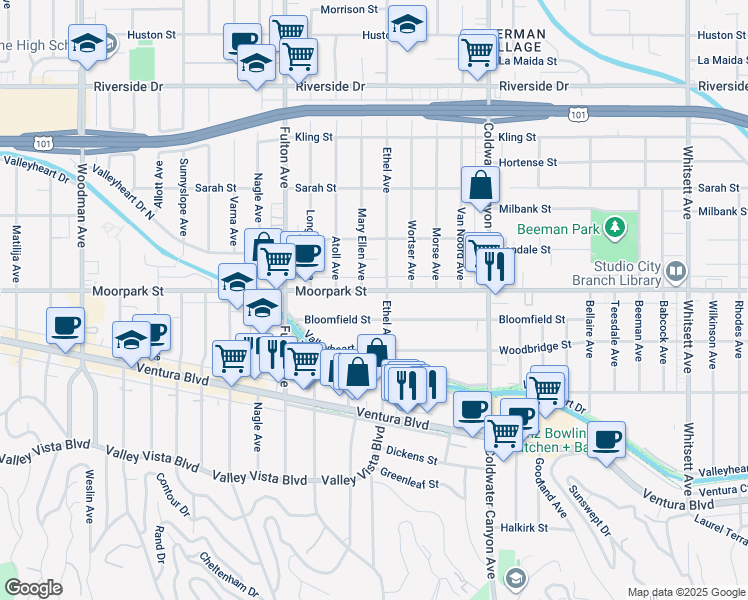 map of restaurants, bars, coffee shops, grocery stores, and more near 13113 Moorpark Street in Los Angeles