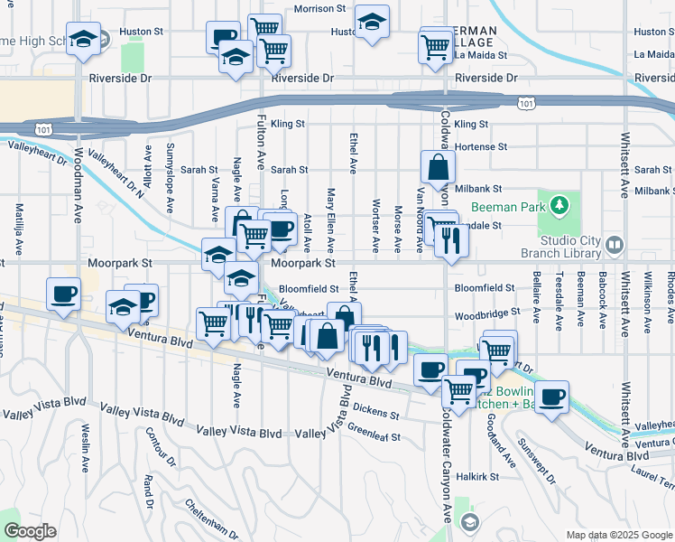 map of restaurants, bars, coffee shops, grocery stores, and more near 13113 Moorpark Street in Los Angeles
