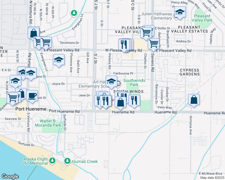 map of restaurants, bars, coffee shops, grocery stores, and more near 5400 Perkins Road in Oxnard