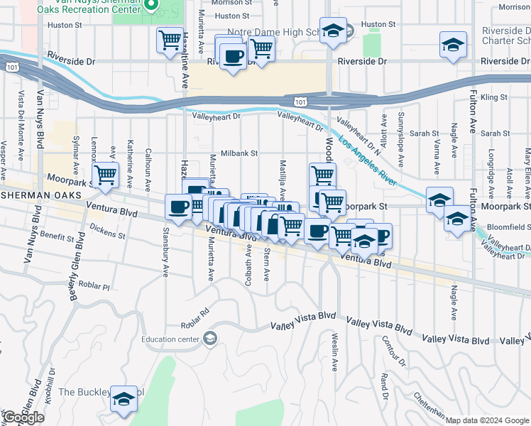 map of restaurants, bars, coffee shops, grocery stores, and more near 4350 Stern Avenue in Los Angeles
