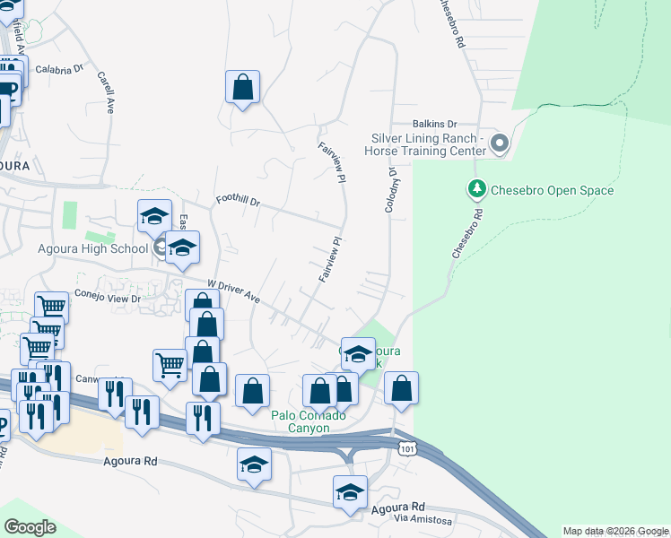 map of restaurants, bars, coffee shops, grocery stores, and more near 5520 Fairview Place in Agoura Hills