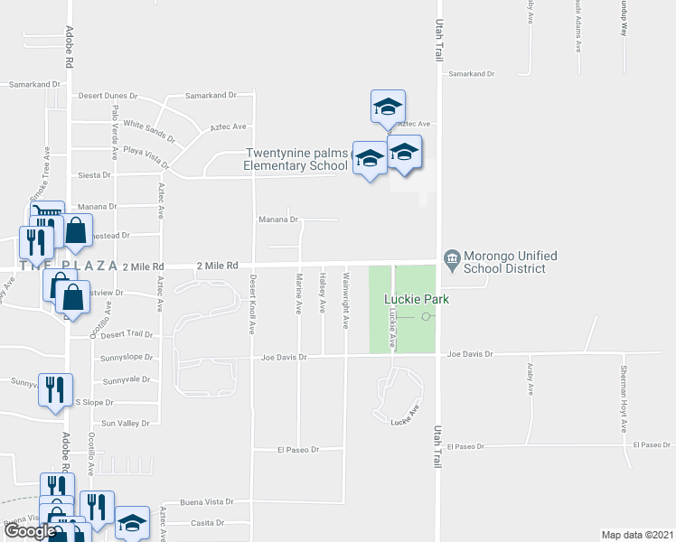 map of restaurants, bars, coffee shops, grocery stores, and more near 74289 2 Mile Road in Twentynine Palms