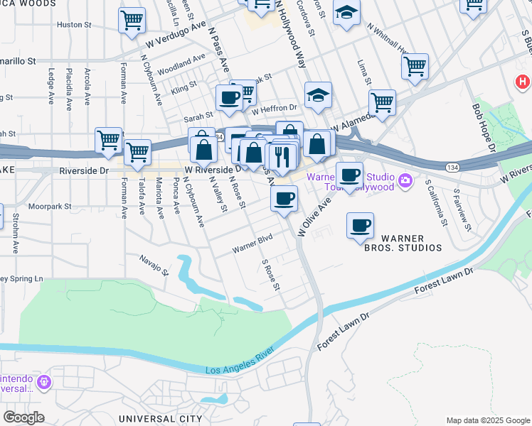 map of restaurants, bars, coffee shops, grocery stores, and more near 4121 McFarlane Avenue in Burbank