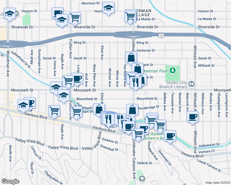 map of restaurants, bars, coffee shops, grocery stores, and more near 12961 Moorpark Street in Los Angeles