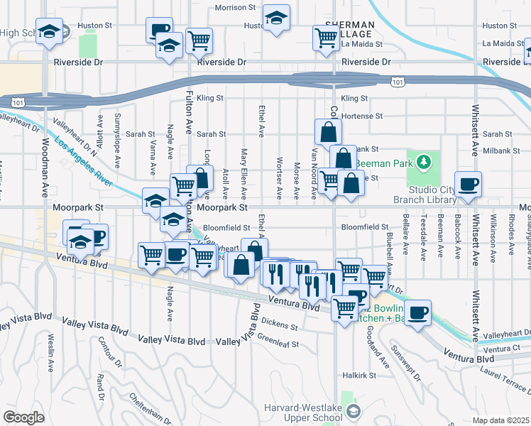 map of restaurants, bars, coffee shops, grocery stores, and more near 4376 Ethel Avenue in Los Angeles