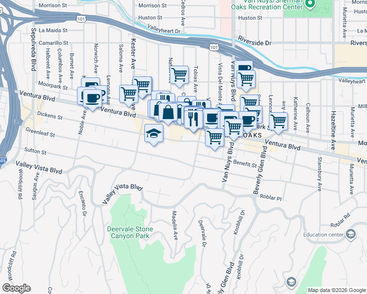 map of restaurants, bars, coffee shops, grocery stores, and more near 14647 Dickens Street in Los Angeles
