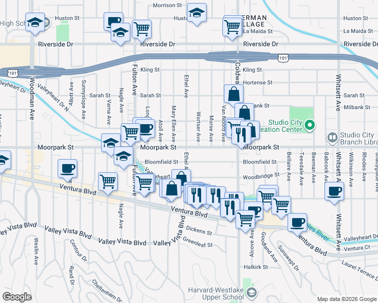 map of restaurants, bars, coffee shops, grocery stores, and more near 4376 Ethel Avenue in Los Angeles