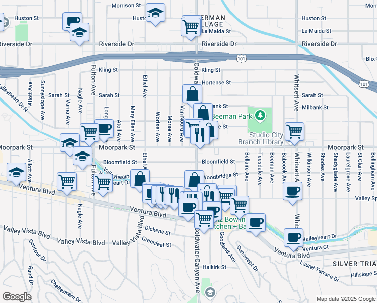 map of restaurants, bars, coffee shops, grocery stores, and more near 12916 Moorpark Street in Los Angeles