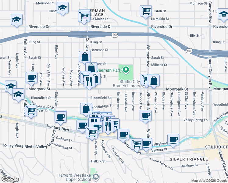 map of restaurants, bars, coffee shops, grocery stores, and more near 12712 Moorpark Street in Los Angeles