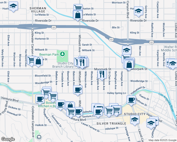 map of restaurants, bars, coffee shops, grocery stores, and more near 12416 Moorpark Street in Los Angeles