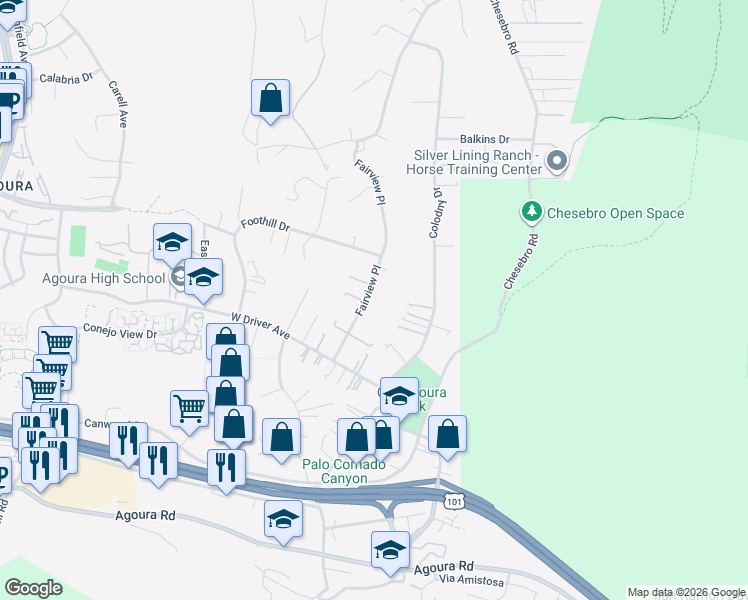 map of restaurants, bars, coffee shops, grocery stores, and more near 5520 Fairview Place in Agoura Hills