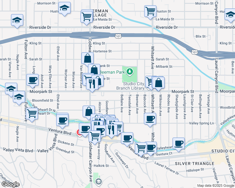 map of restaurants, bars, coffee shops, grocery stores, and more near 12712 Moorpark Street in Los Angeles