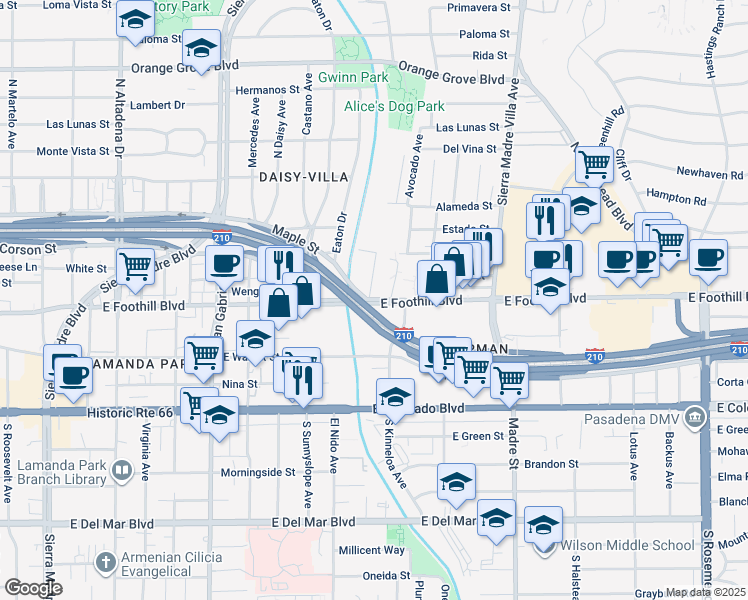 map of restaurants, bars, coffee shops, grocery stores, and more near 3051 East Foothill Boulevard in Pasadena