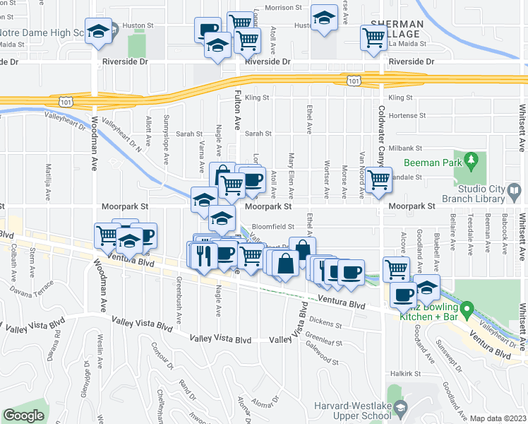 map of restaurants, bars, coffee shops, grocery stores, and more near 13214 Moorpark Street in Los Angeles