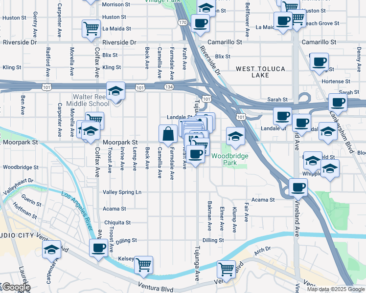 map of restaurants, bars, coffee shops, grocery stores, and more near 4413 Tujunga Avenue in Los Angeles