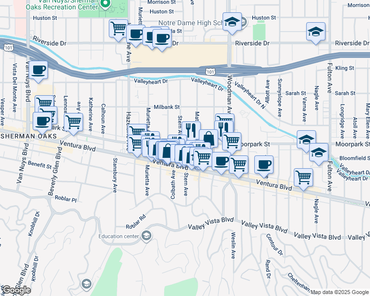 map of restaurants, bars, coffee shops, grocery stores, and more near 4350 Stern Avenue in Los Angeles