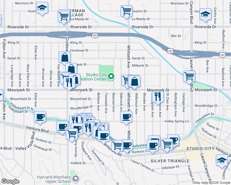 map of restaurants, bars, coffee shops, grocery stores, and more near 4400 Beeman Avenue in Los Angeles