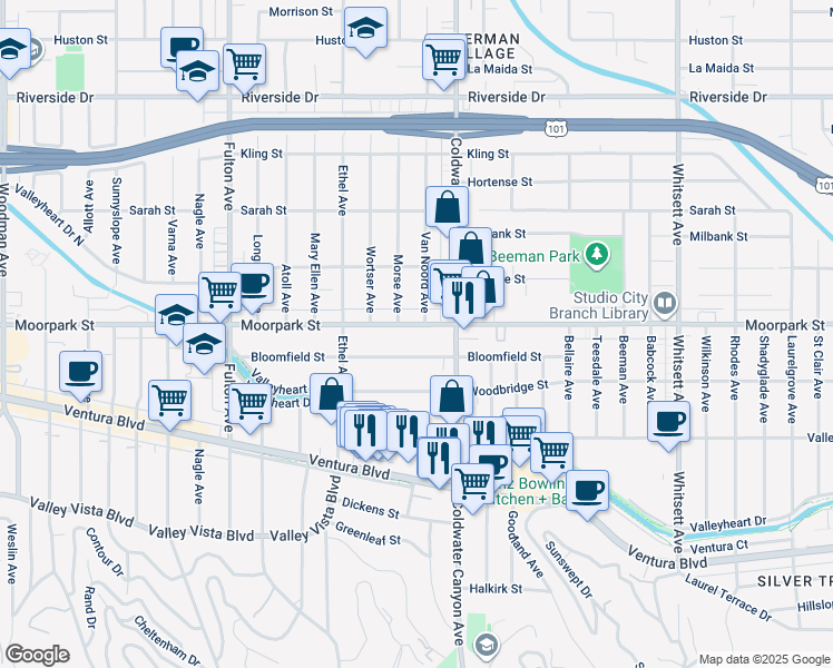 map of restaurants, bars, coffee shops, grocery stores, and more near 12942 Moorpark Street in Los Angeles