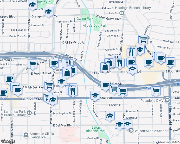 map of restaurants, bars, coffee shops, grocery stores, and more near 3051 East Foothill Boulevard in Pasadena