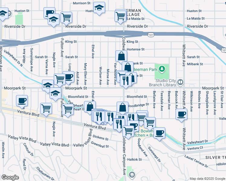map of restaurants, bars, coffee shops, grocery stores, and more near 12942 Moorpark Street in Los Angeles