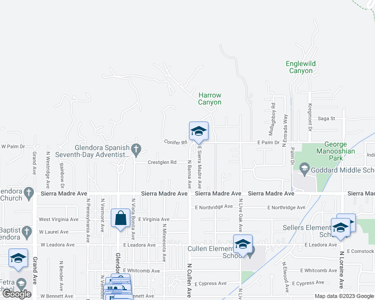 map of restaurants, bars, coffee shops, grocery stores, and more near 845 North Banna Avenue in Glendora
