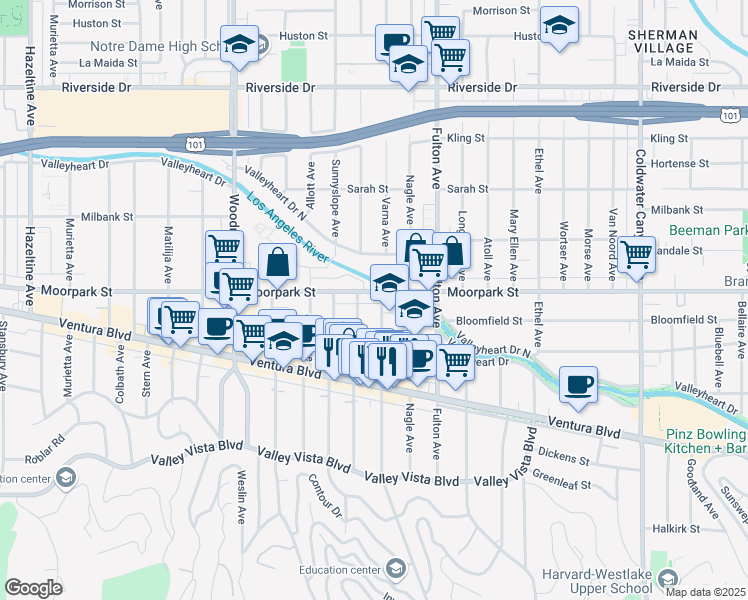 map of restaurants, bars, coffee shops, grocery stores, and more near 13406 Moorpark Street in Los Angeles