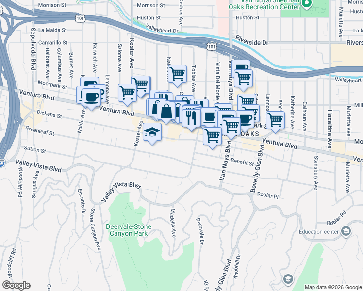 map of restaurants, bars, coffee shops, grocery stores, and more near 14630 Dickens Street in Los Angeles