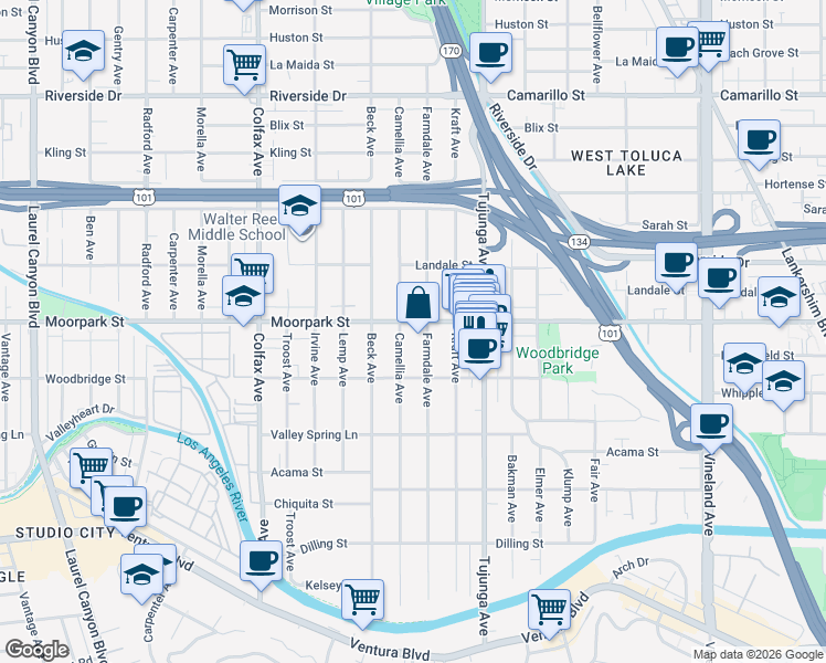 map of restaurants, bars, coffee shops, grocery stores, and more near 11478 Moorpark Street in Los Angeles