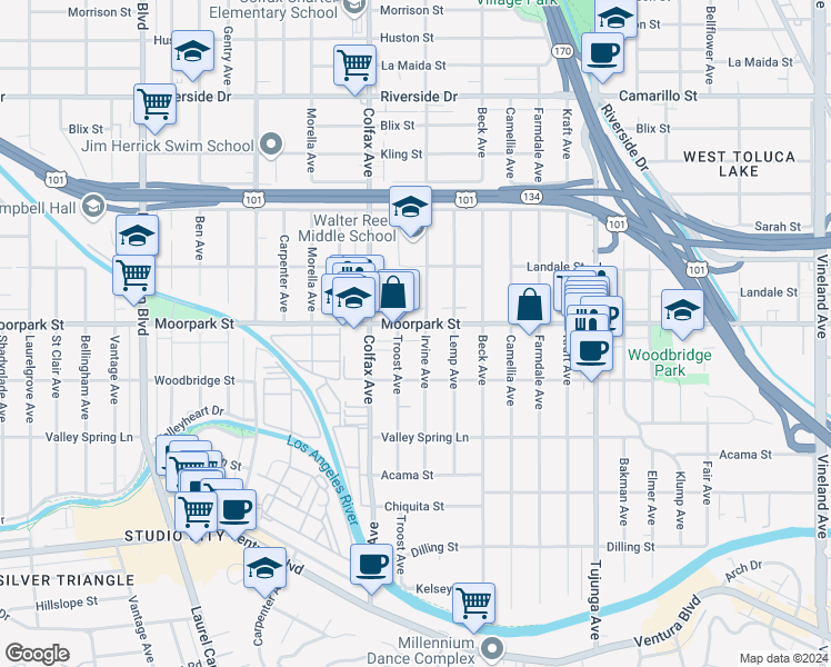 map of restaurants, bars, coffee shops, grocery stores, and more near 11610 Moorpark Street in Los Angeles